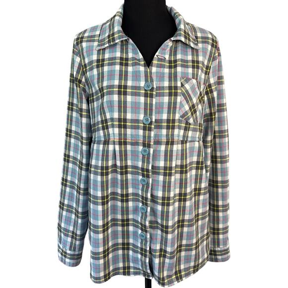 Gretchen Bleiler Oakley Blue Plaid V-Neck Casual Button Down Tunic Size L - Picture 1 of 10